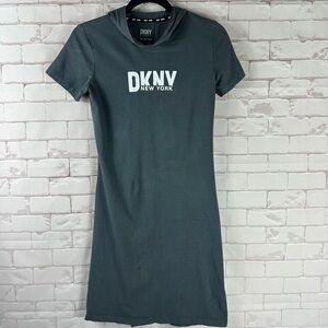 DNKY Sport Vintage 90s Y2K Women's Black Logo Hooded T-Shirt Dress Normcore | XS
